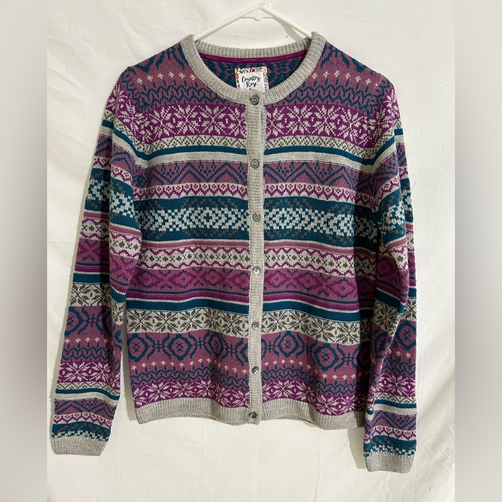 COUNTRY ROSE‎ Pink Blue Fairisle Cardigan Wool Blend Size Small